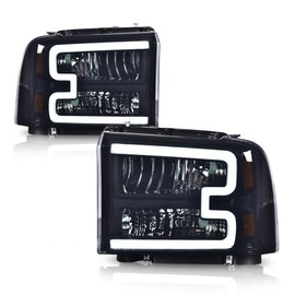 GRAND ORANGE [LED DRL BAR Headlights Assembly Compatible with 2005-2007 Ford F250 F350 F450 F550 Super Duty/ 05 Ford Excursion Smoke Black Amber