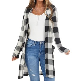 BONITEE Womens Clothes Lapel Cardigans Shirt Long Sleeves Buffalo Plaid Print Knitted Lapel Neckline Coats Tops Blouse Plaid Jacket Black White XXL