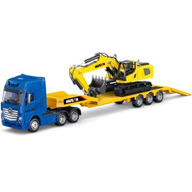 Dollox Diecast Flat Trailer Truck with Excavator Vehicles Toys 1/50 Scale Metal Engineering Site Trailer Truck High Detail Construction Model Collection Decoration Toy Gift for Kids(Blue)