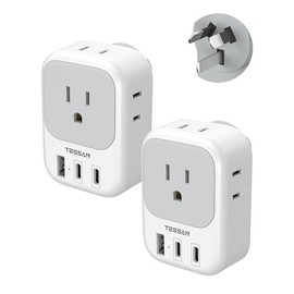 Adaptador de enchufe Australia, paquete de 2, adaptador de corriente TESSAN New Zealand con 4 tomacorrientes, 3 USB (2 USB-C), adaptador de viaje tipo I para EE. UU. a Australia, Argentina, China