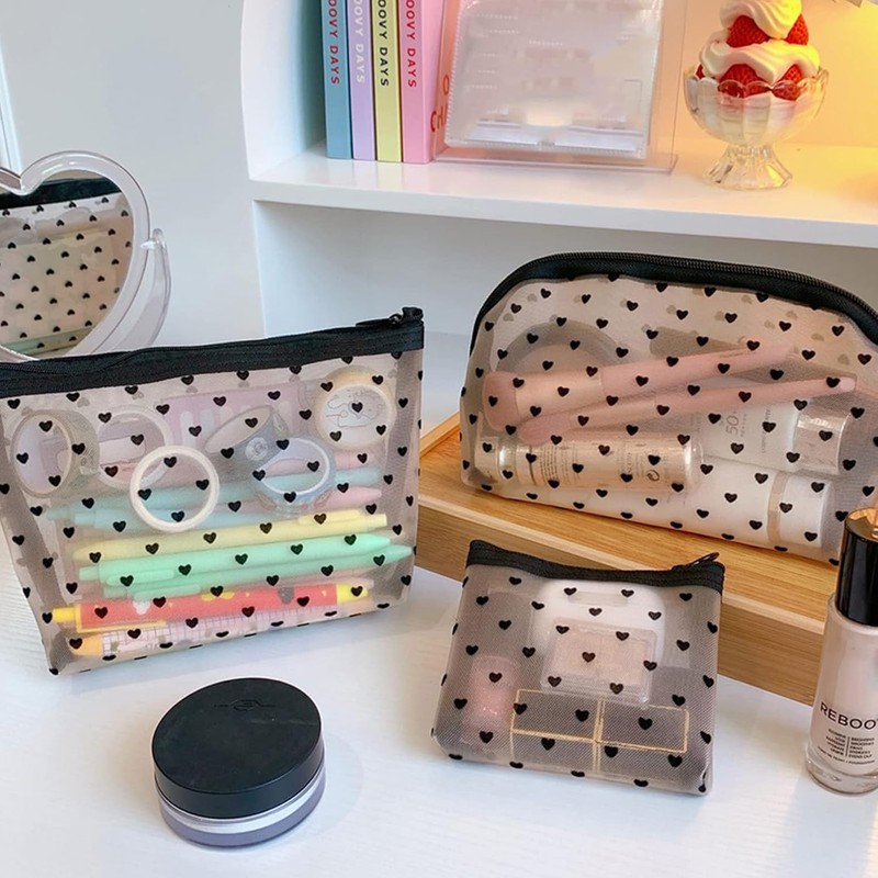 Set 5 Bolsas de Malla Transparente con Estampado Corazón, Neceser