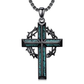 KoyeKei Black Cross Necklaces with Crown for Men Women 925 Sterling Silver Turquoise Crown of Thorns Pendant Necklace Christian Catholic Jewelry Gifts for Boyfriend Father