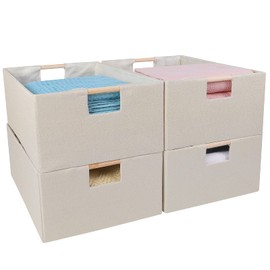 ANMINY 4PCS Storage Baskets for Organizing Collapsible Fabric Storage Bins Boxes with Wood Handles Closet Shelves Cube Organizer Bins Clothes Laundry Storage Container - Large, Beige