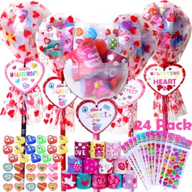 NAISEN Valentines Day Gifts for Kids Classroom Exchange, 24 Pack Giant Lollipop Shaped Stationery Set for School Party Favors, Valentines Pencils Stickers Erasers Goodie Bags Stuffers