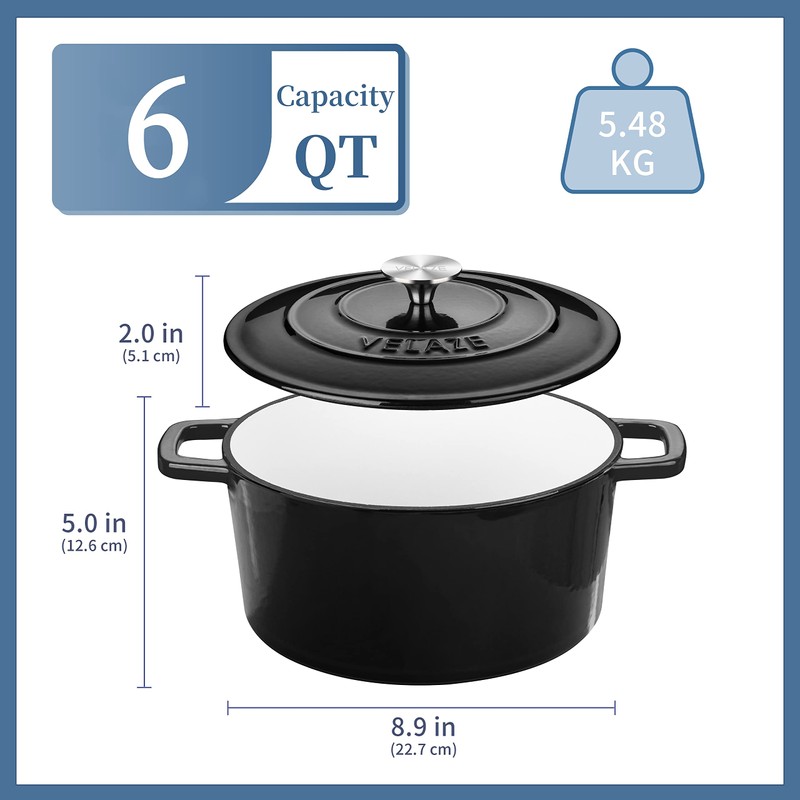 Velaze 6 QT Enameled Cast Iron Dutch Oven, Dual Handles