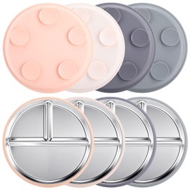 Honeydak 4 Pcs Stainless Steel Baby Plate with Silicone Suction, 9" Divided Toddler Plates with Removable Silicone Sleeves for Kids, Non-toxic Non-slip Unbreakable Dishwasher Safe Dinnerware (Pastel)