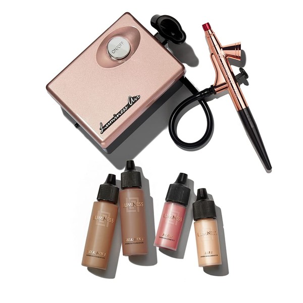 LUMINESS Legend Makeup Airbrush System & 4-Piece Foundation Starter Kit, Shade Deep - Quick, Easy & Long Lasting Application - Includes (2) Silk 4-In-1 Foundation, Highlighter & Blush