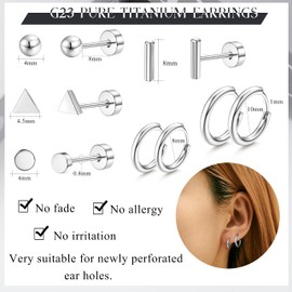 PATISORNA 6 Pairs G23 Titanium Earrings Stud Hoop Earrings Set Hypoallergenic Flat Back Earrings Small Stud Earrings Tragus Helix Cartilage Earrings Piercing Sleeper Huggie Earrings for Women Men