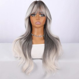 Smilco 2025 New Hot Fashion High-temperature Silk Synthetic Wig Gray Highlight Dyeing Gradient Curly Hair Female Wig SM495color: Gray white, Stretched Length: 28"