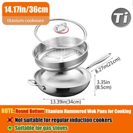 Titanium Hammered Wok, 2026 Upgrade Double-side Hammered Frying Pans Nonstick, Non-Stick Wok,Durable Scratch-Resistant Non Stick Titanium Pans for Cooking,With steamer,14IN