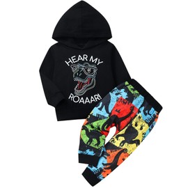 HINTINA Toddler Boys Dinosaur Long Sleeve Hoodie Tops Sweatsuit Pants Winter Outfit Set (Black + colored dino,2-3T)