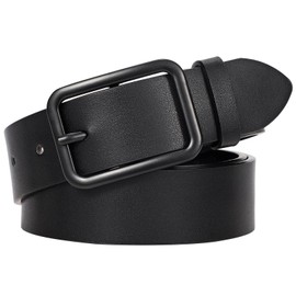 LEACOOLKEY Women Classic Black Leather Belt With Square Black Buckle For Jeans Pants,1.3" width