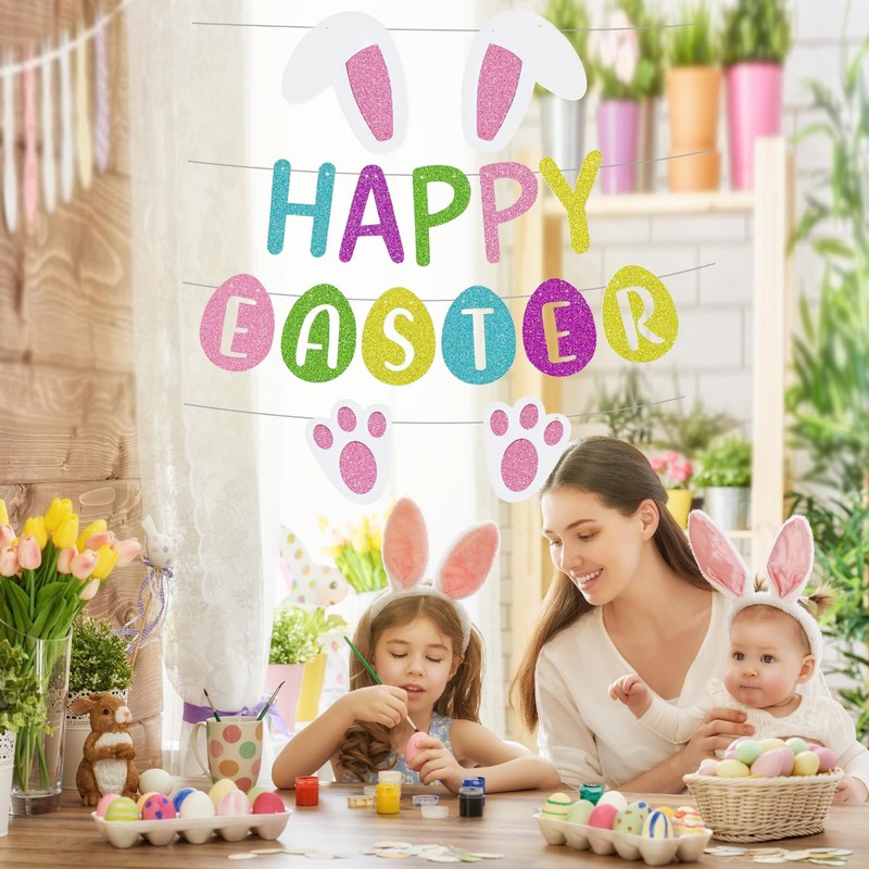 Happy Easter Bunny Banner with Bunny Paw Ears and Eggs