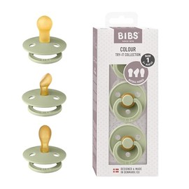 BIBS Chuponess Try-it Colour Pack de 3, Tetina de látex natural de formas variadas, Talle 1, Color Sage, 0 a 6 meses, Hecho en Dinamarca