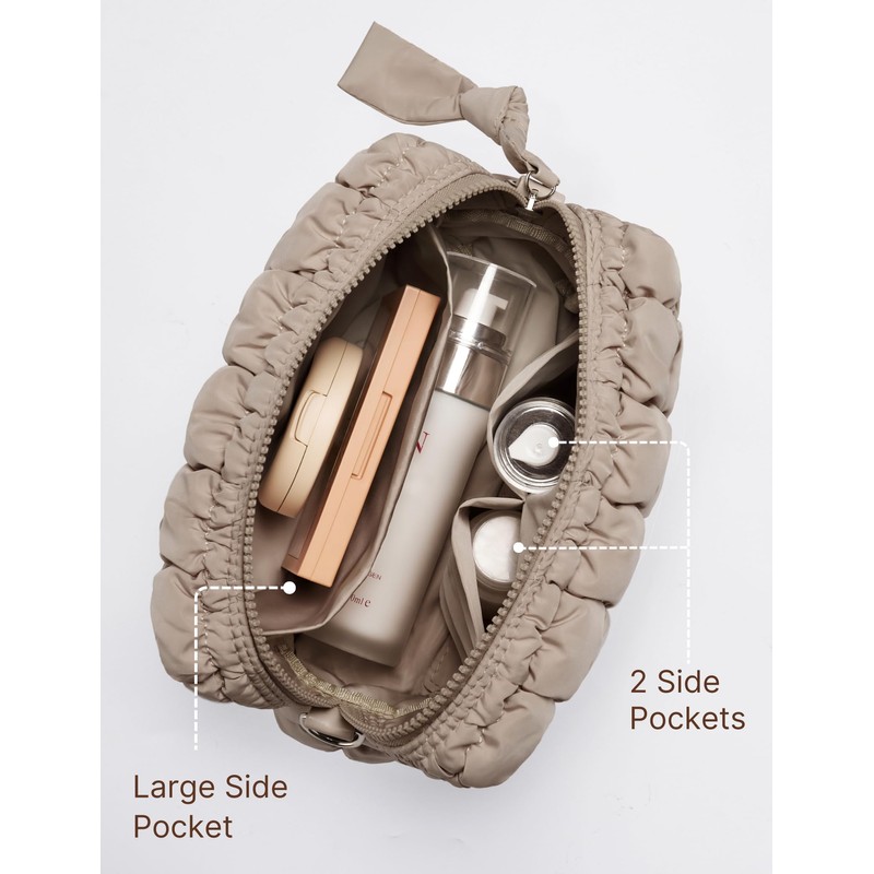 Unilily Puffy Cosmetic Bag for Women, Stone, Medium, Quilted Pattern