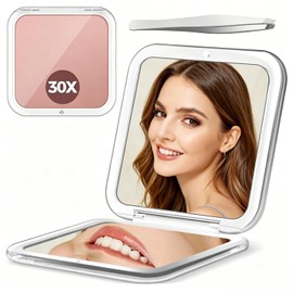 Espejo de Bolsillo Doble Cara 1X/30X, Espejo Compacto con Aumento Portátil | Espejitos para Maquillaje Cuadrado con Pinzas, Ideal para Uso Diario y Viajes, Práctico para Retocar Maquillaje, Rosa