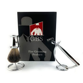G.B.S Modern Shaving Set, Compatible Razor with 3 Blade Lubricated Strip Cartridge, Badger Shaving Brush with Chrome Handle, Stainless-steel Razor and Brush Stand