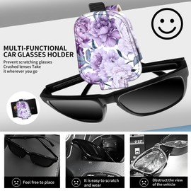 DtuiQSDRV Leather Magnetic Sunglass Holder for Car Sun Visor, Cute Eyeglass Ticket Card Hanger Clip, Universal Auto Interior Accessories for SUV Pickup Truck Purple Floral