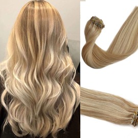 Clip in Human Hair Extensions, 16 Inch 70g 7Pcs Ash Blonde Balayage Blonde Highlights 100% Real Human Hair Clip in Extensions Double Weft Natural Human Hair Extensions
