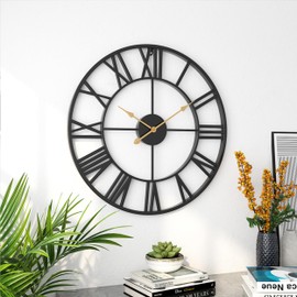 Evursua 24 inch Thicken & Heavy Large Metal Wall Clocks for Living Room Decor Large Decorative Clock Oversized,Big Roman Numeral Non Ticking (Black)