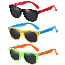 DYLB Kids Polarized Sunglasses for girls boys 3 Pack, Flexible TPEE Rubber Frame for Children Age 3-9 (Black Red+yellow Blue+mint Green Orange)
