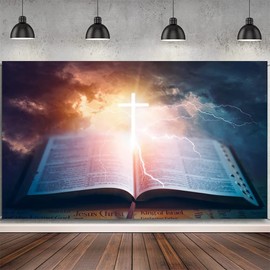 DORCEV 10x8ft Resurrection of Jesus Easter Backdrop Glowing Crucifix Backdrop Opened Bible Book Jesus Christ Cross God Bless Photography Background Christianity Church Christmas Christian Banner
