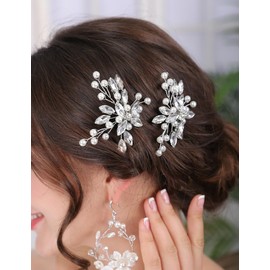 Teyglen 2pcs Crystal Pearl Bridal Hair Pins Silver Rhinestone Wedding Hair Pieces Wedding Party Prom Hair Pins Hair Accessories for Women Girls