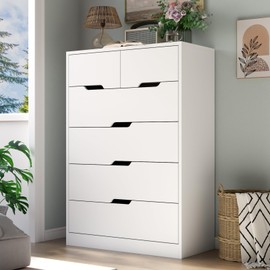 6 Drawer Dresser for Bedroom, Tall White Dresser with Large Organizer, Modern Chest of Drawers, Wooden Dresser with Deep Storage Drawer, Closet Dresser with Concealed Handle for Living Room (White)