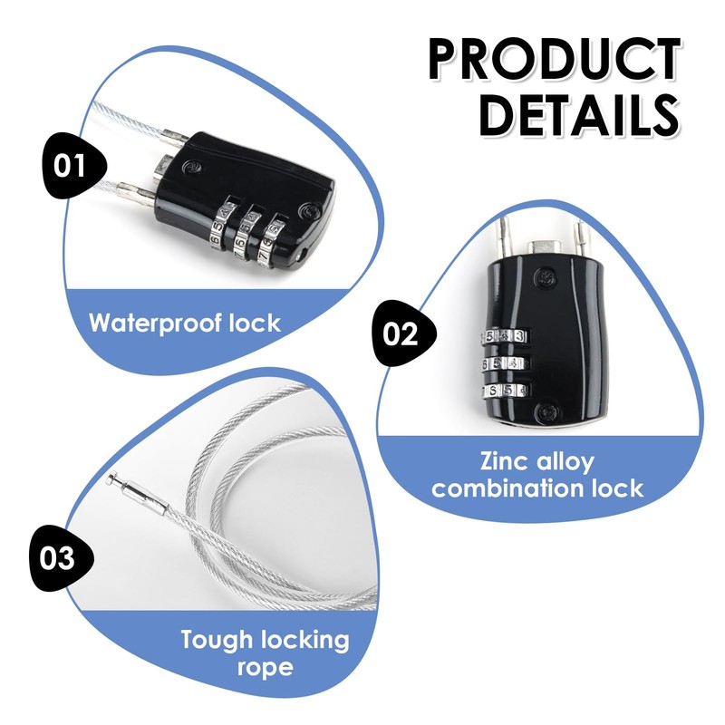3 Digit Combination Padlock with 20inch (50cm) Steel Cable, Mini