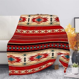HUGS IDEA Tribal Blanket Navajo Aztec Stripe Throw Blanket Mat for Sofa Couch, Southwestern Ethnic Pattern Outdoor Camping Blanket Picnic Mat, Red-L