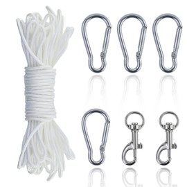 20m Flag Rope, White Nylon Cord, Weatherproof Flag Rope with 4 Pieces Carabiner Hooks and 2 Pieces Gun Buckles for Gardens, Camping, Outdoor Sports