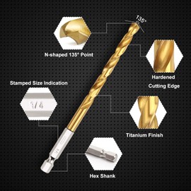 COMOWARE Titanium Twist Drill Bit Set - 10 Pcs 1/4" Hex Shank High Speed Steel for Wood Plastic Aluminum Alloy, Quick Change