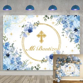 APDECCLK Mi Bautizo Backdrop First Holy Communion Baptism Christening Party Decorations Banner Blue Floral Glitter Gold Dot Newborn Baby Shower Photography Background Photo Booth Props (82x59 inch (7x5FT))