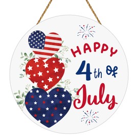 Patriotic Decorations 4th of July Wreaths for Front Door Red White and Blue Decorations Hearts Fireworks Wooden Happy 4th of July Sign Door Decor for Fourth Memorial Day Wall Indoor Home Decor