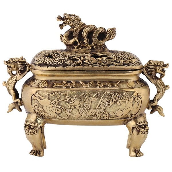 Walfront Soporte para quemador de incienso de dragón chino de cobre antiguo con tapa, decoración del hogar