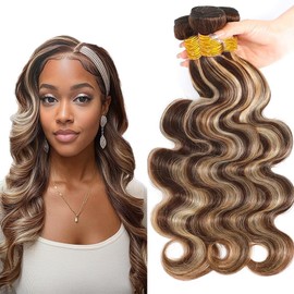 Dokksiiia P4/613 Blonde Ombre Sew In Human Hair Bundles Highlight Chocolate Brown Body Wave Bundles Dark Brown and Light Blonde Mix Brazilian Human Hair Extensions 20 22 24 Inch