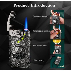 Golden Vintage Dual Arc Plasma Jet Flame Torch Lighter - 2 in 1 USB Rechargeable Windproof Butane Lighter with Gift Box