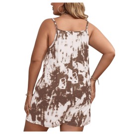 MakeMeChic Women's Plus Size Tie Dye Cami Romper with Pockets Short Jumpsuit Brown and White 0XL