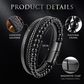 Lian Leather Bead Bracelet for Men Braided Bracelets Natural Onyx Bead Magnetic Stainless Steel Clasp Cuff Bangle Wristband Bracelet Gifts for Graduation Fathers Day Boyfriend Birthday Christmas