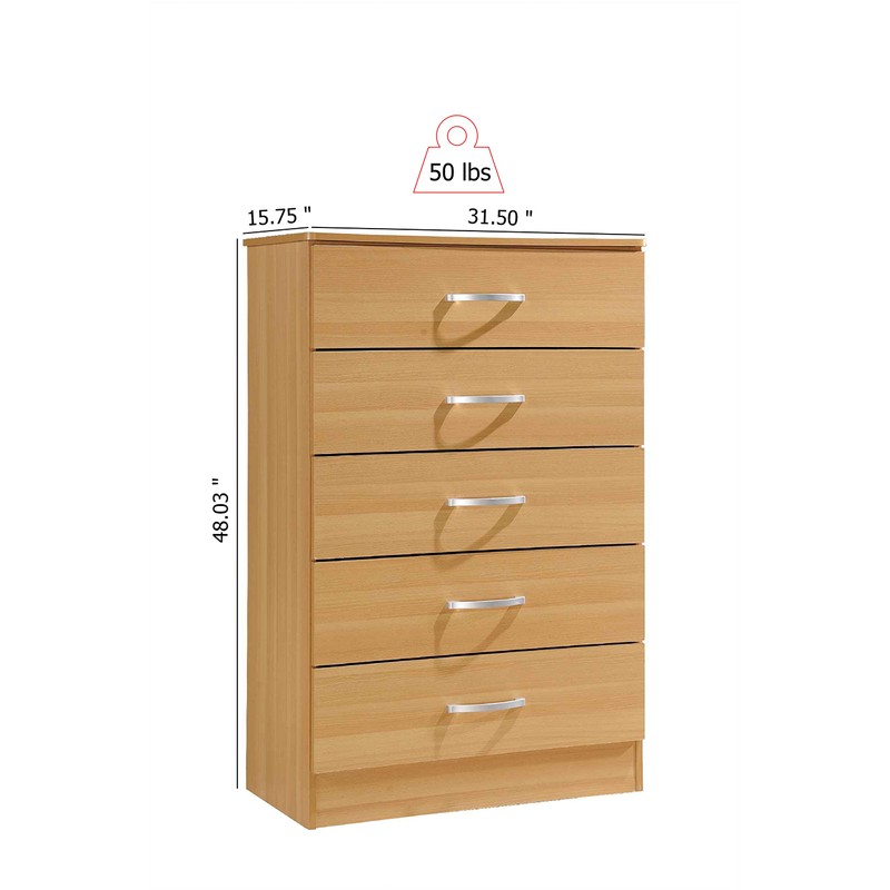 HODEDAH 5 Drawer Wood Dresser for Bedroom, Chest of Drawers