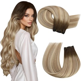 Moresoo Sew in Weft Hair Extensions Human Hair Ombre Sew in Hair Extensions Brown to Caramel Blonde with Blonde Remy Hair Extensions Sew in Human Hair Double Weft 100G 24Inch