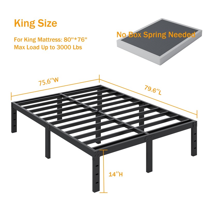 SHLAND King Size Bed Frame, 14 Inch Heavy Duty Metal