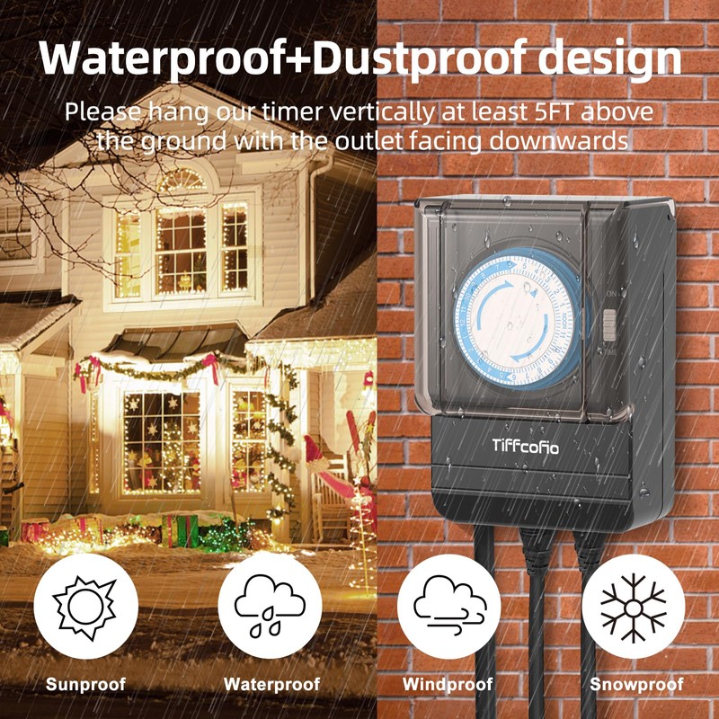TiFFCOFiO Outdoor Heavy Duty Mechanical Timer Outlet Waterproof, 15 Minutes