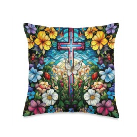 StudioMetzger Beautiful Stained Glass Christian Cross Religious Symbol Throw Pillow, 16x16, Multicolor