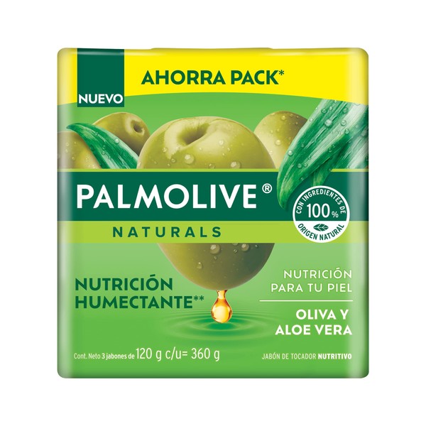 Palmolive Naturals - Jabón en Barra, Nutrición Humectante, Aloe y Oliva en Barra de 120 g, 3 piezas con total 360 g