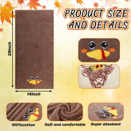 Panelee Set of 2 Thanksgiving Fall Hand Towels for Bathroom 100% Cotton Embroidered Turkey Highland Cow Fingertip Towels for Holiday Kitchen Bathroom Kitchen Decor(Yellow, Dark Brown)