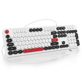 Ussixchare Wired Typewriter Keyboard Full Size USB Keyboard Retro Computer Keyboard with Round Keycaps for Windows Laptop(White)