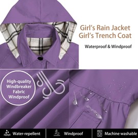 Betusline Girls Rain Jackets Lightweight Waterproof Hooded Trench Coat Windbreaker Raincoats for Girls,Waterproof-Purple,6-7 Years