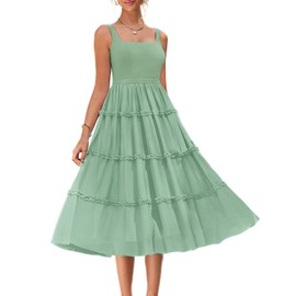 Women's Summer Sleeveless Dresses for Wedding Guest Casual Spring A Line Midi Dress Tulle Gauze Sundress Sage Green S