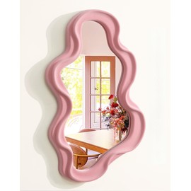 TEIPAI Wavy Mirror Wall Decor for Living Room, 13.8x29.7 Asymmetrical Wall Mounted Mirror with Velvet Touch for Girly Bedroom Decoration, Unique Home Accent for Modern Room Aesthetics (Light Pink)